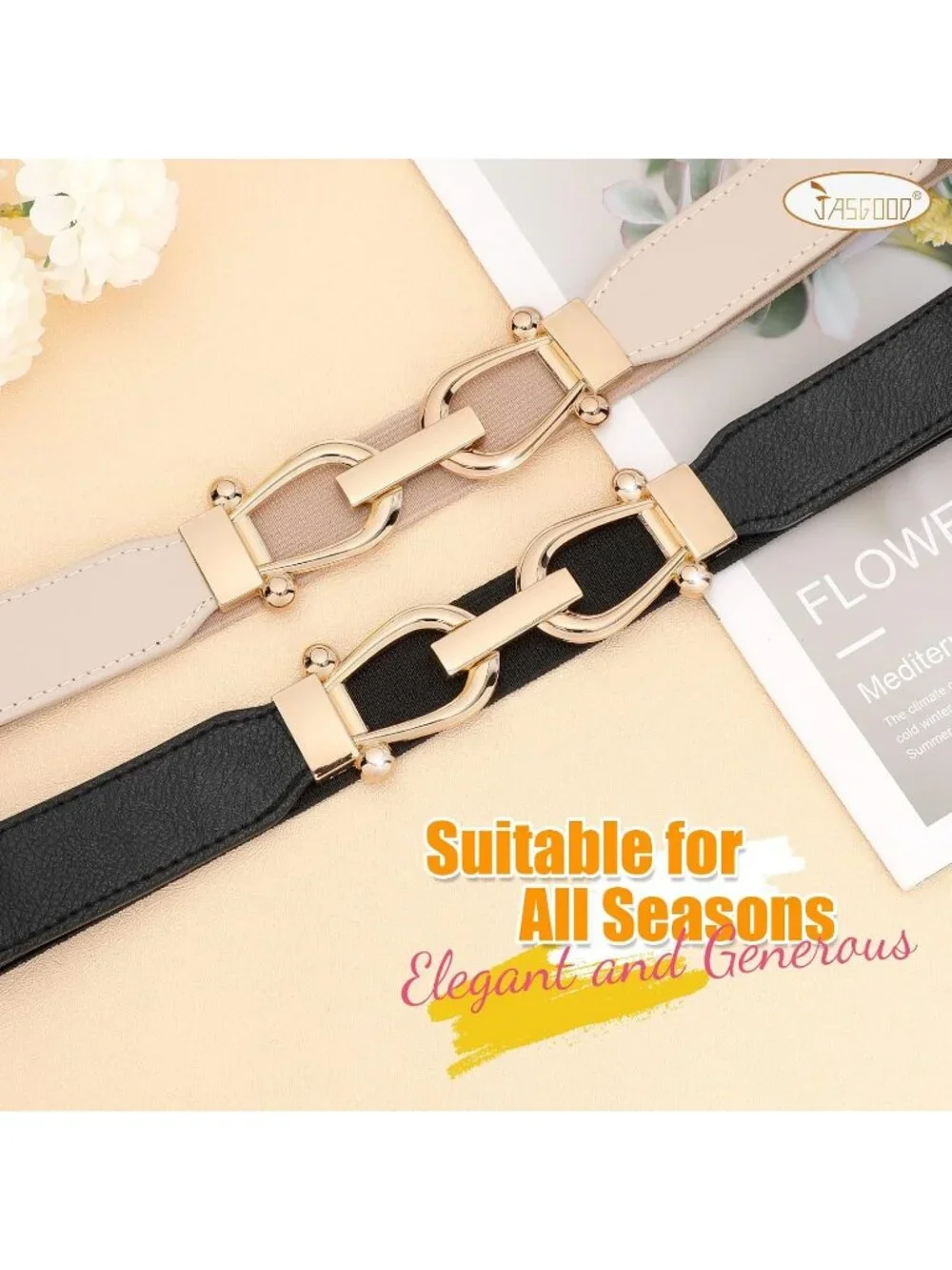 Women's Black Beige Retro Elastic Stretch Adjustable Belt 2-Pcs With Gold Buckle